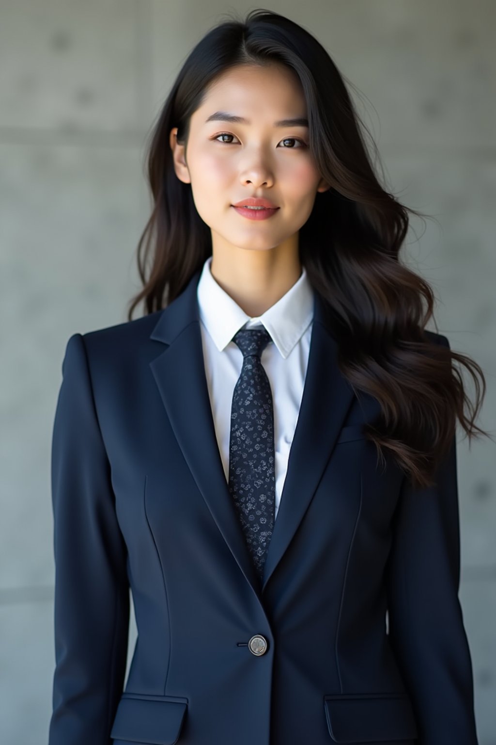 woman wearing a classic navy blue suit with a crisp white dress shirt and a patterned tie