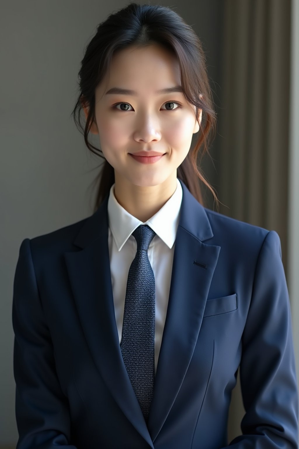 woman wearing a classic navy blue suit with a crisp white dress shirt and a patterned tie