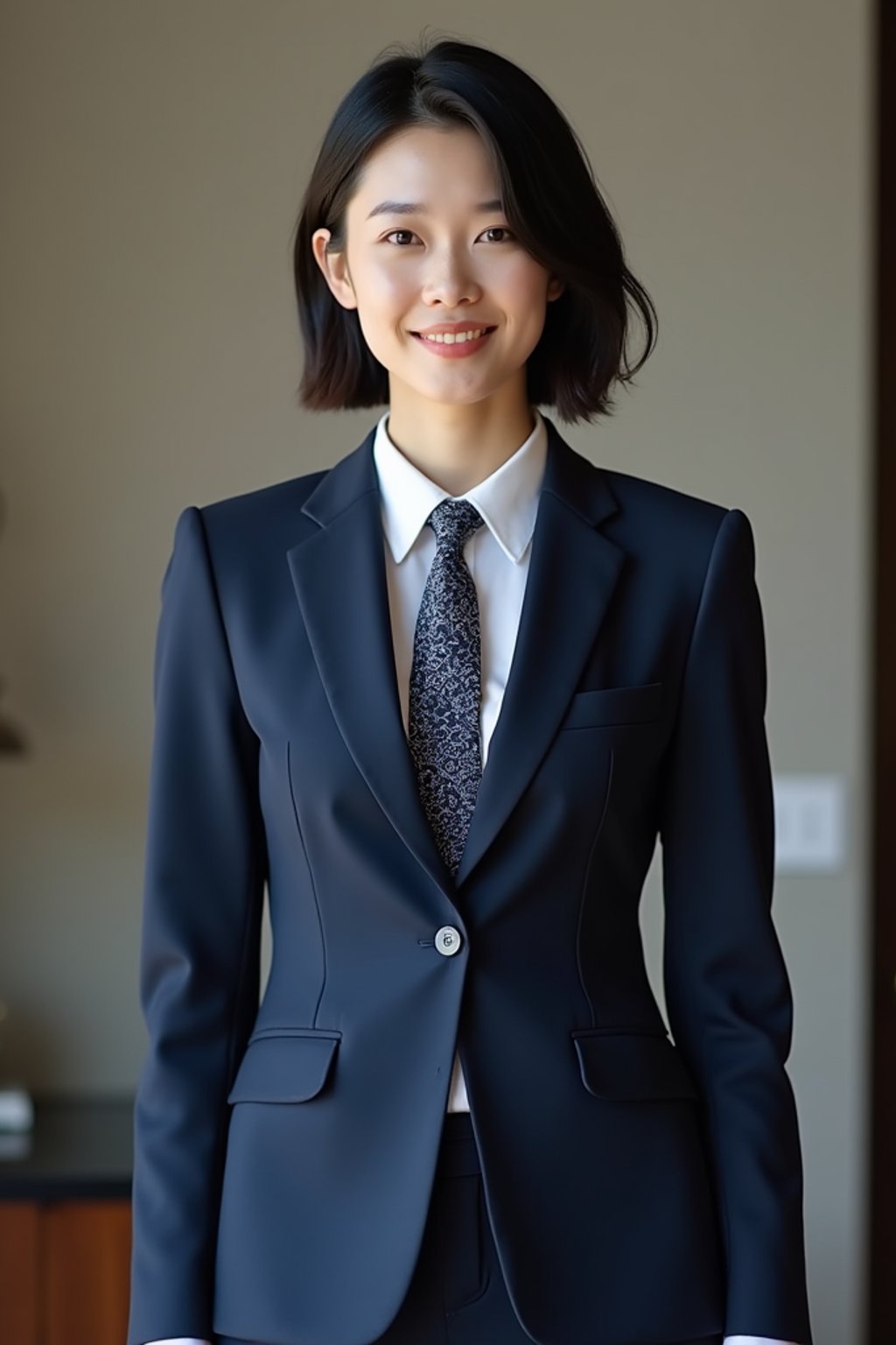 woman wearing a classic navy blue suit with a crisp white dress shirt and a patterned tie