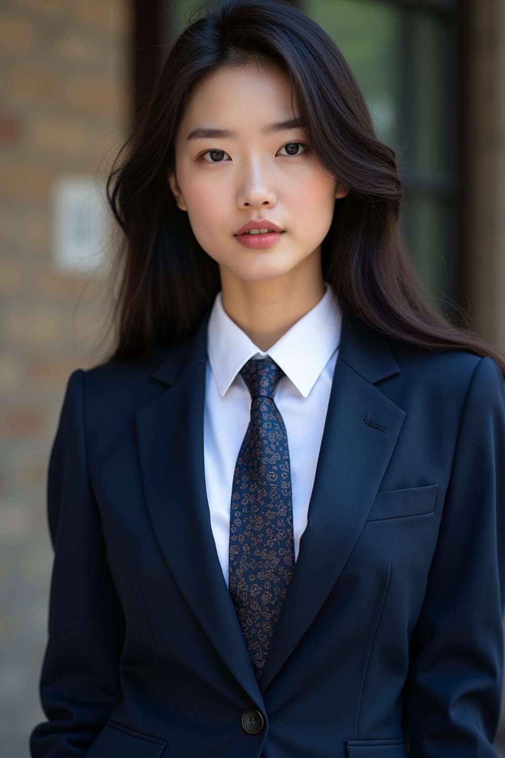 woman wearing a classic navy blue suit with a crisp white dress shirt and a patterned tie