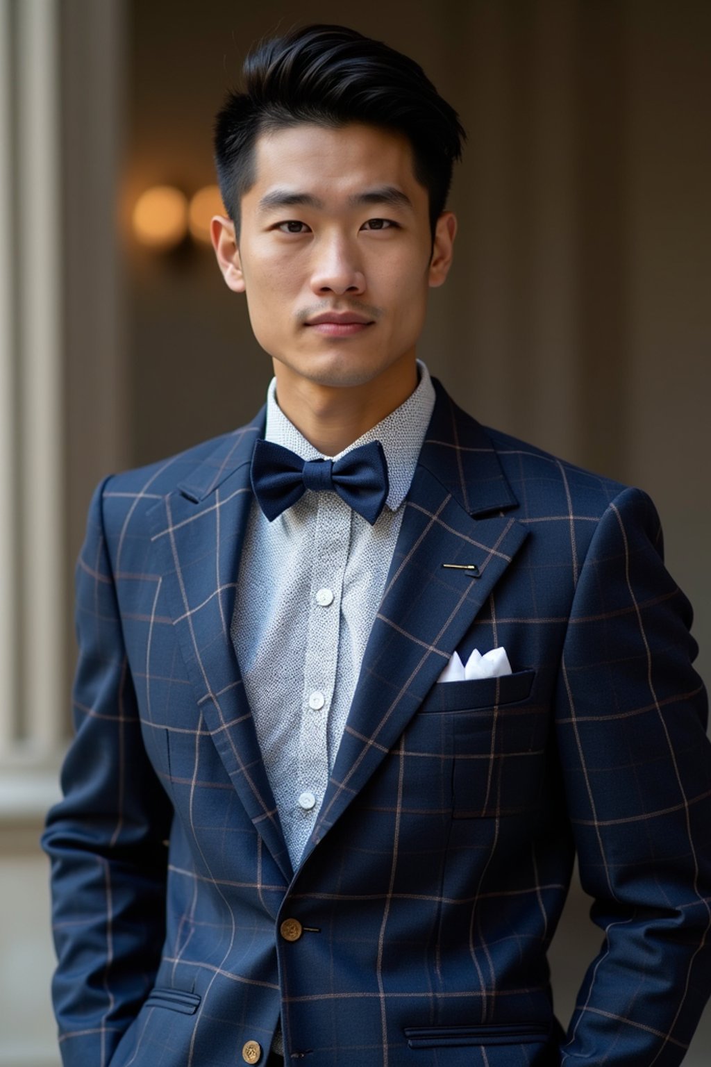 handsome and stylish man showcasing a unique windowpane check suit in a navy blue color with a patterned shirt and a contrasting bow tie