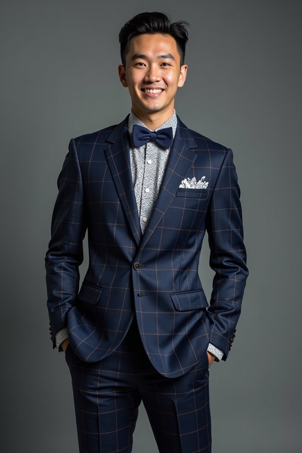 handsome and stylish man showcasing a unique windowpane check suit in a navy blue color with a patterned shirt and a contrasting bow tie