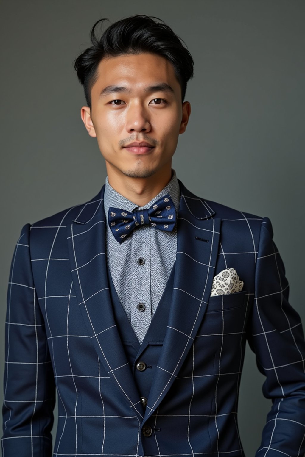 handsome and stylish man showcasing a unique windowpane check suit in a navy blue color with a patterned shirt and a contrasting bow tie