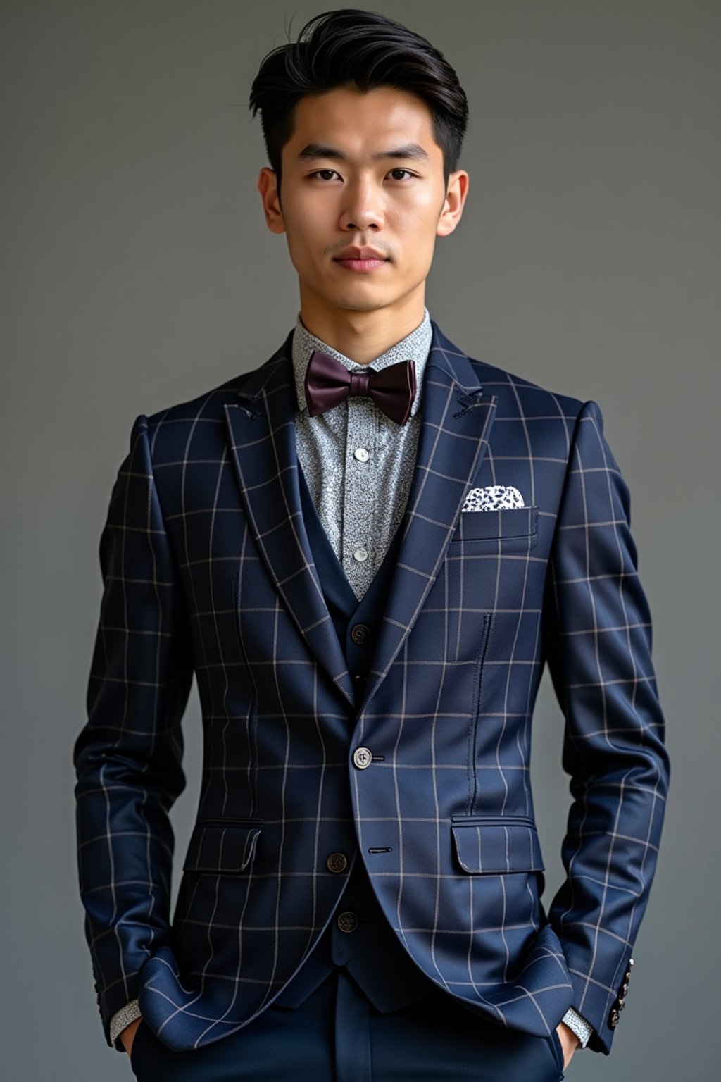 handsome and stylish man showcasing a unique windowpane check suit in a navy blue color with a patterned shirt and a contrasting bow tie