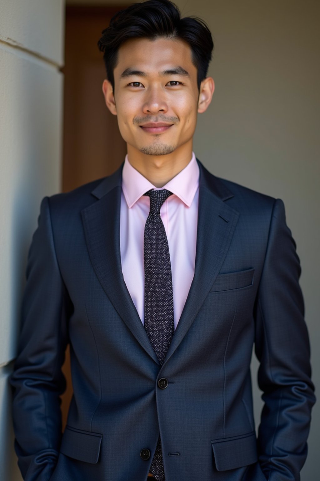 handsome and stylish man wearing a classic navy herringbone suit with a light pink dress shirt and a polka dot tie