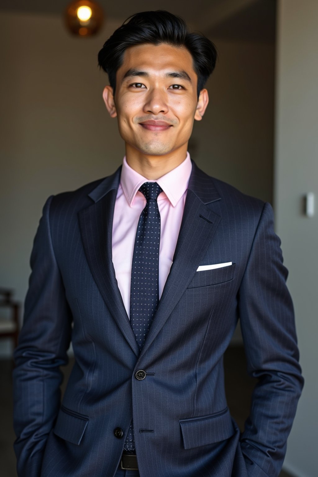 handsome and stylish man wearing a classic navy herringbone suit with a light pink dress shirt and a polka dot tie