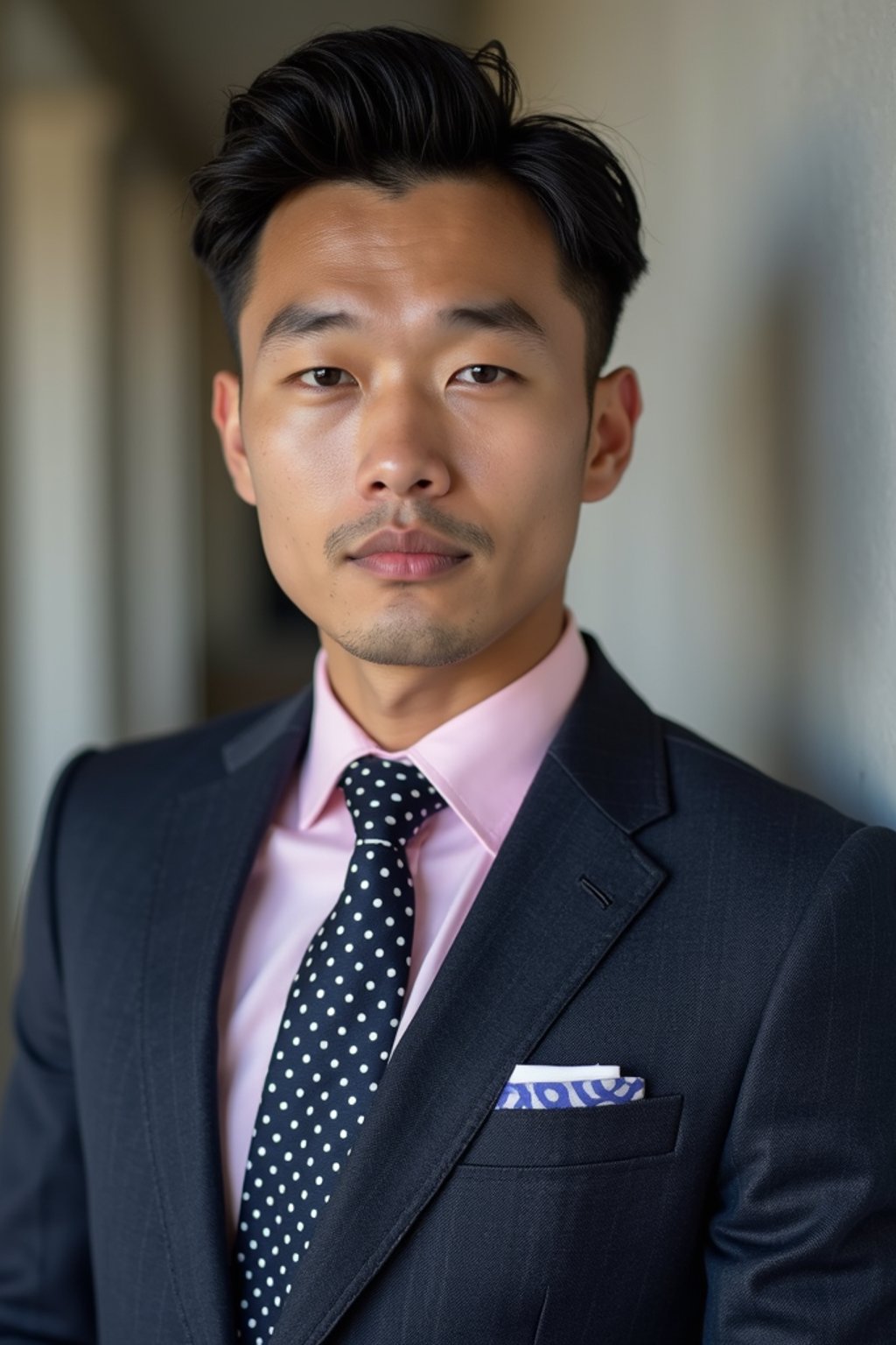 handsome and stylish man wearing a classic navy herringbone suit with a light pink dress shirt and a polka dot tie