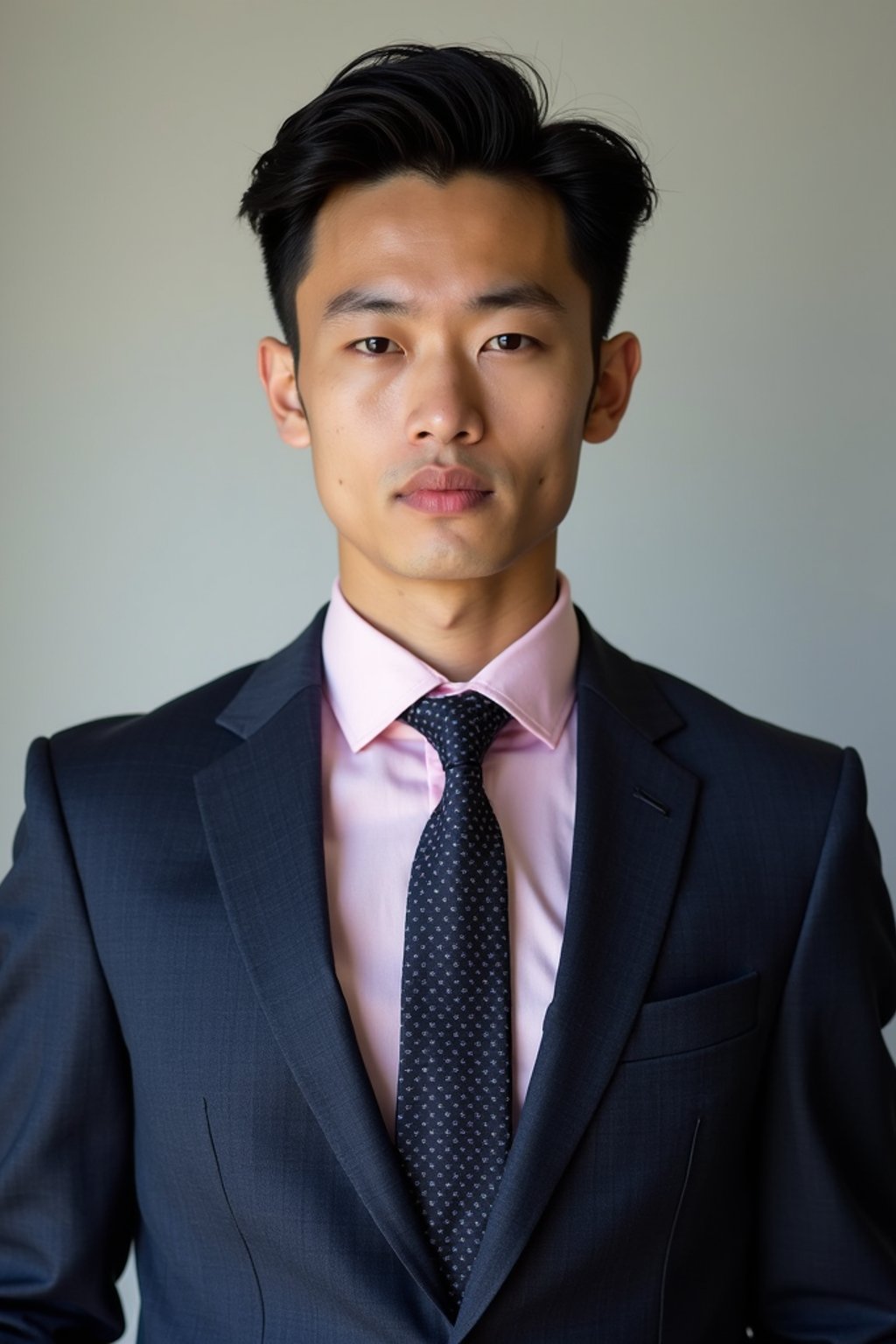 handsome and stylish man wearing a classic navy herringbone suit with a light pink dress shirt and a polka dot tie