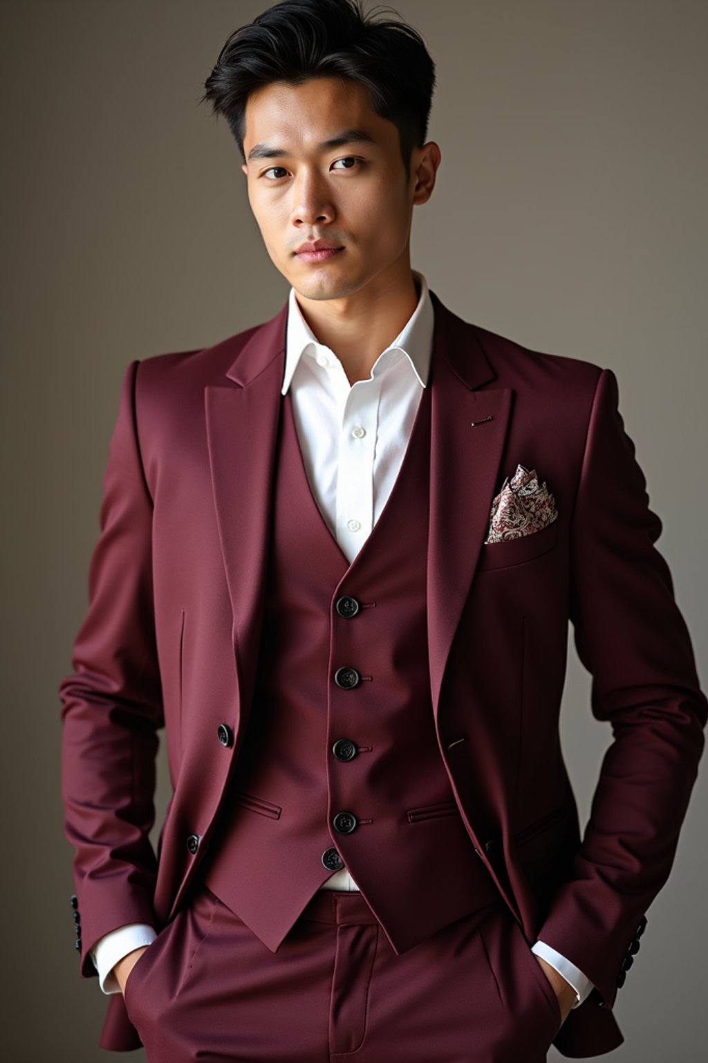 handsome and stylish man trying on a stylish three-piece suit in a rich burgundy color with a crisp white shirt and a paisley patterned pocket square