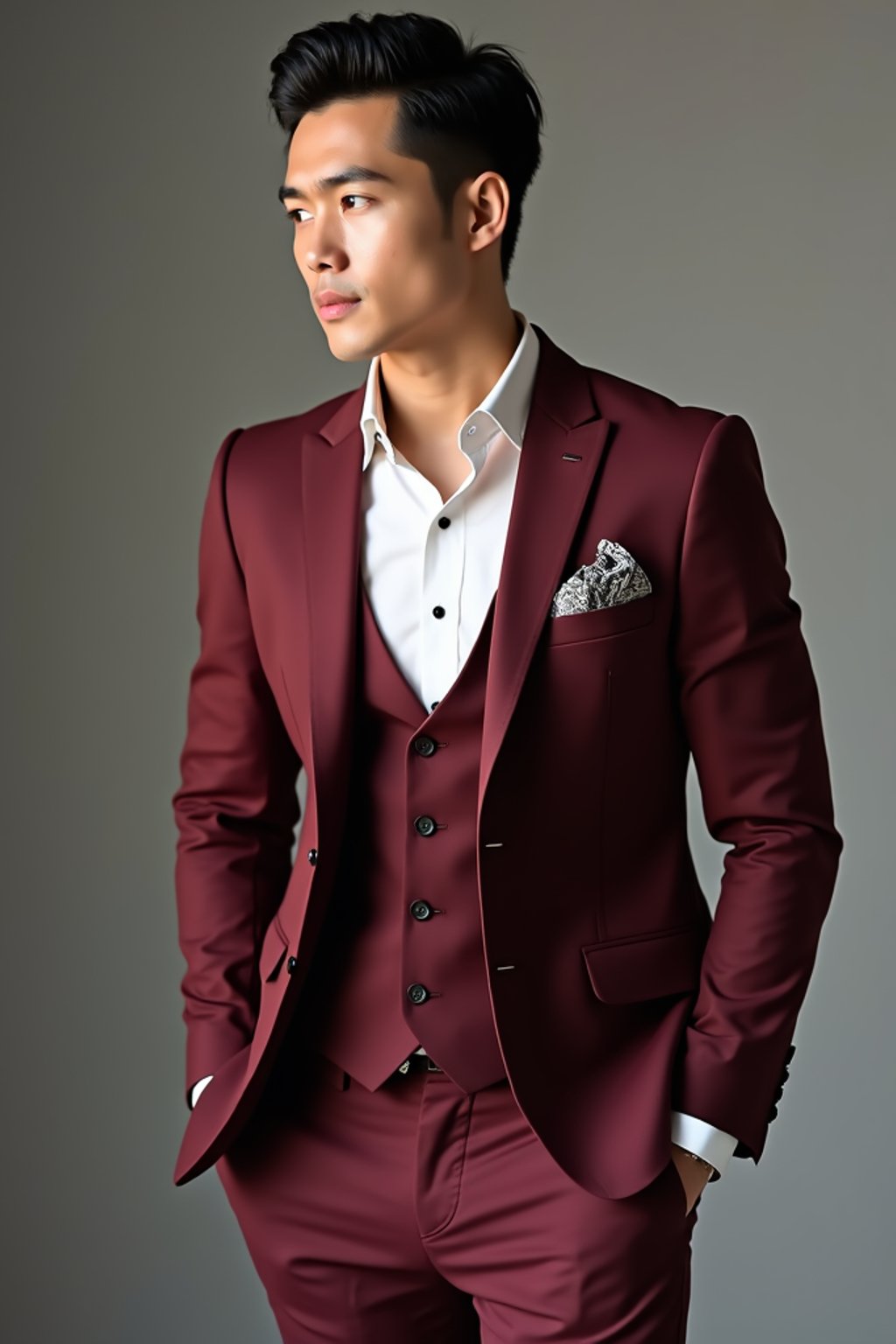 handsome and stylish man trying on a stylish three-piece suit in a rich burgundy color with a crisp white shirt and a paisley patterned pocket square