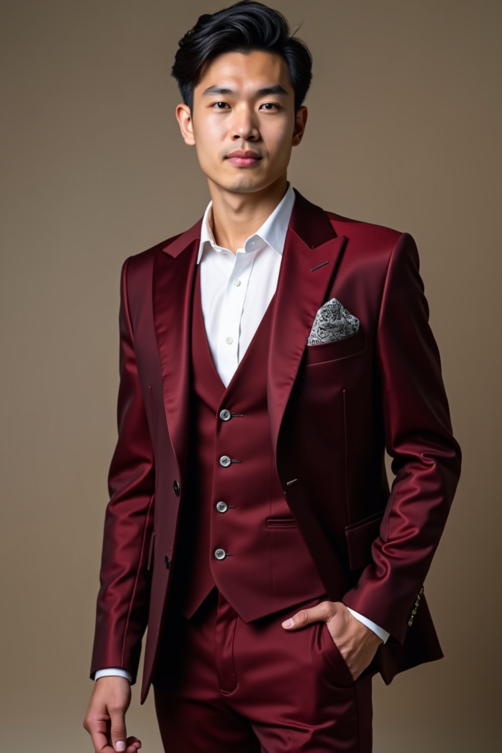 handsome and stylish man trying on a stylish three-piece suit in a rich burgundy color with a crisp white shirt and a paisley patterned pocket square