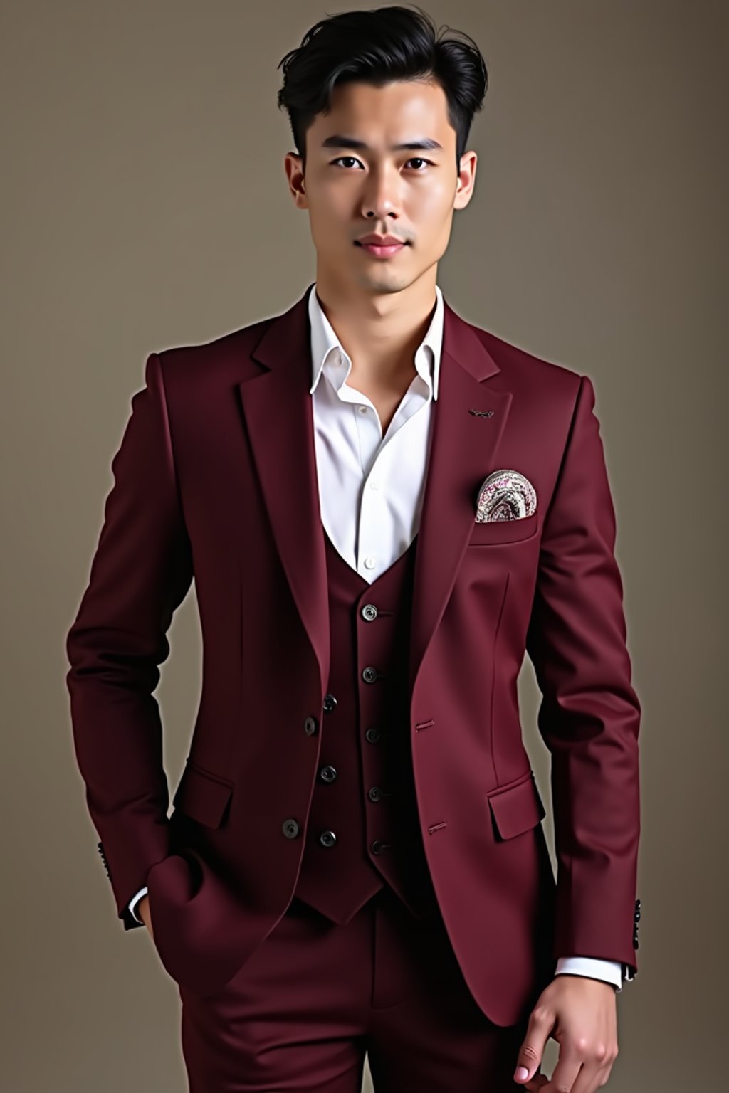 handsome and stylish man trying on a stylish three-piece suit in a rich burgundy color with a crisp white shirt and a paisley patterned pocket square