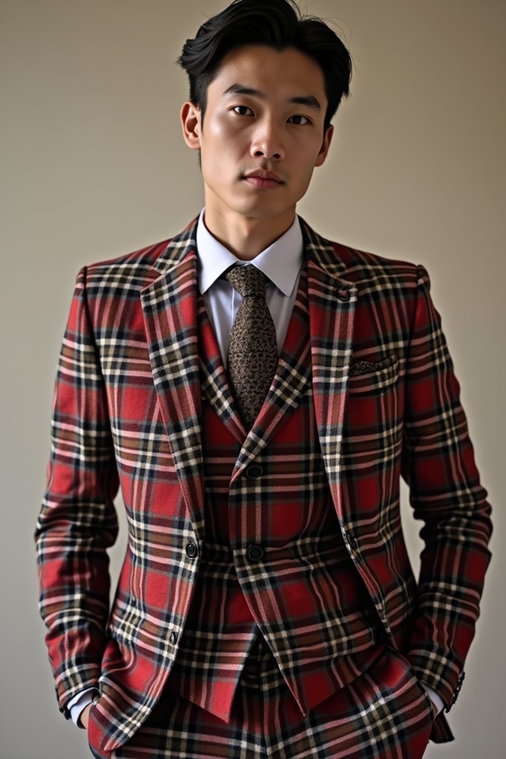 handsome and stylish man showcasing a dappersuit in a bold plaid pattern with a solid-colored shirt and a knitted tie