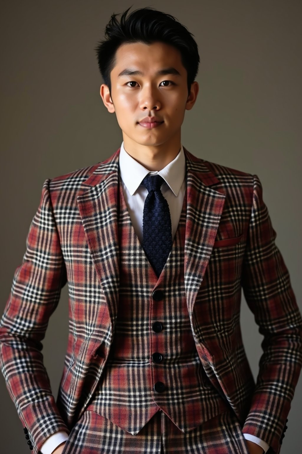 handsome and stylish man showcasing a dappersuit in a bold plaid pattern with a solid-colored shirt and a knitted tie