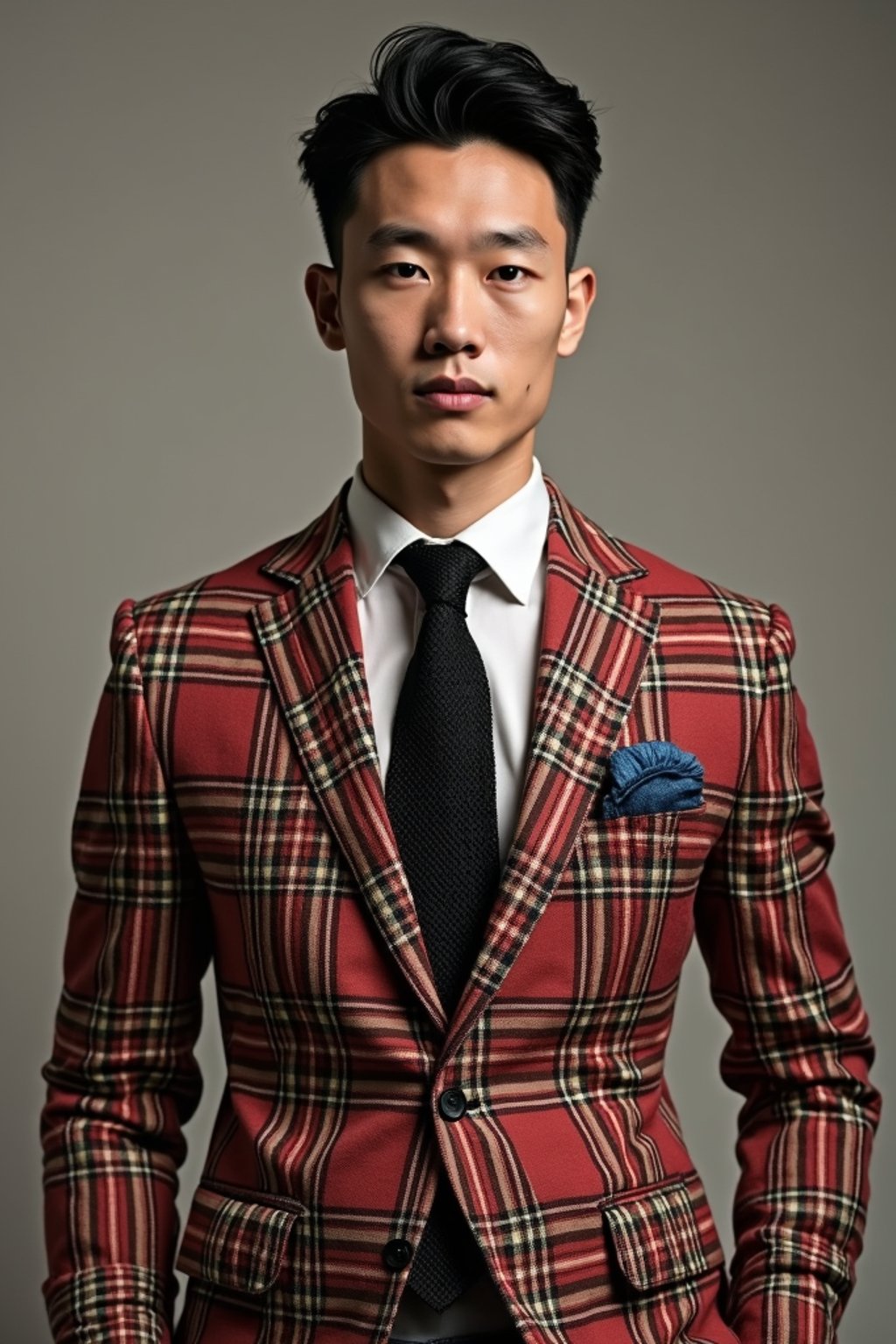 handsome and stylish man showcasing a dappersuit in a bold plaid pattern with a solid-colored shirt and a knitted tie