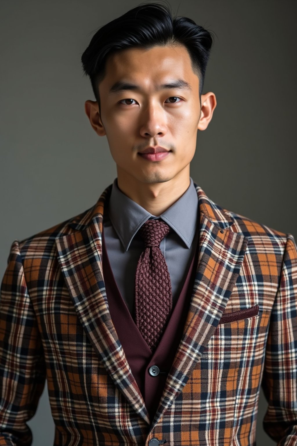 handsome and stylish man showcasing a dappersuit in a bold plaid pattern with a solid-colored shirt and a knitted tie