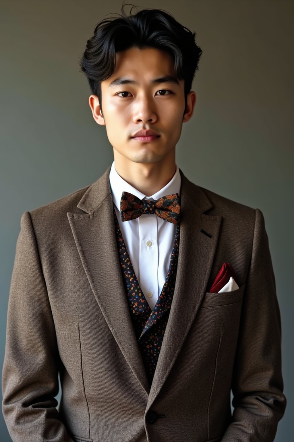 handsome and stylish man wearing a trendy tweed suit with a patterned bow tie and a contrasting vest