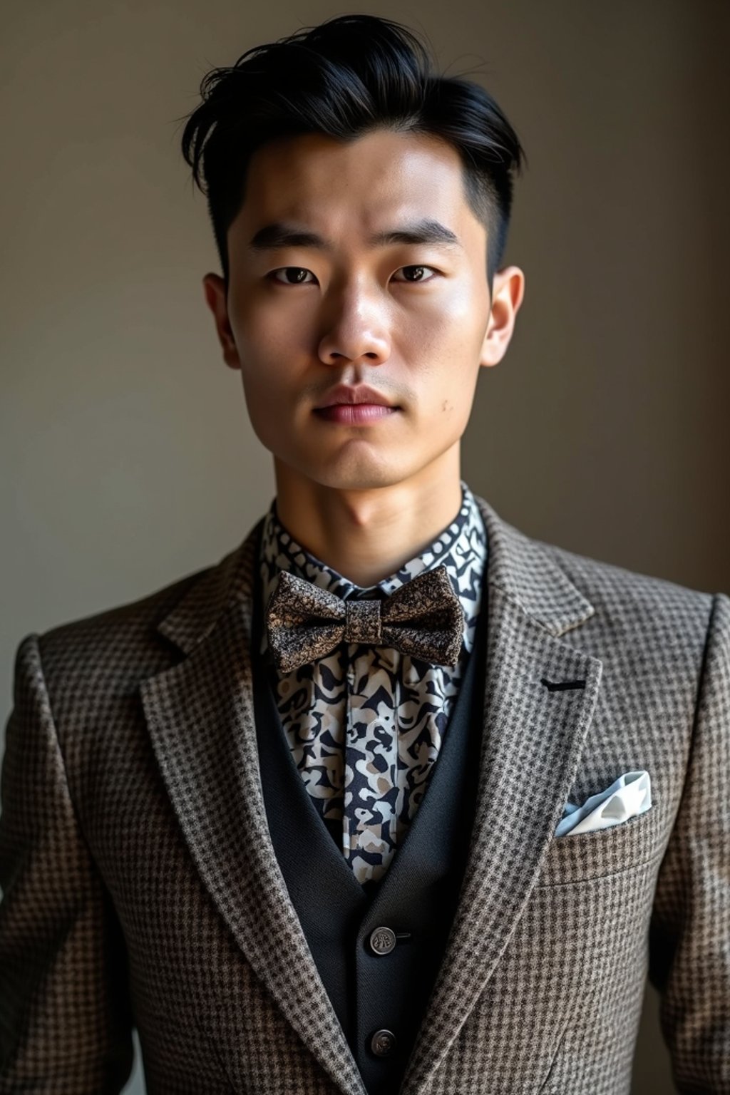 handsome and stylish man wearing a trendy tweed suit with a patterned bow tie and a contrasting vest