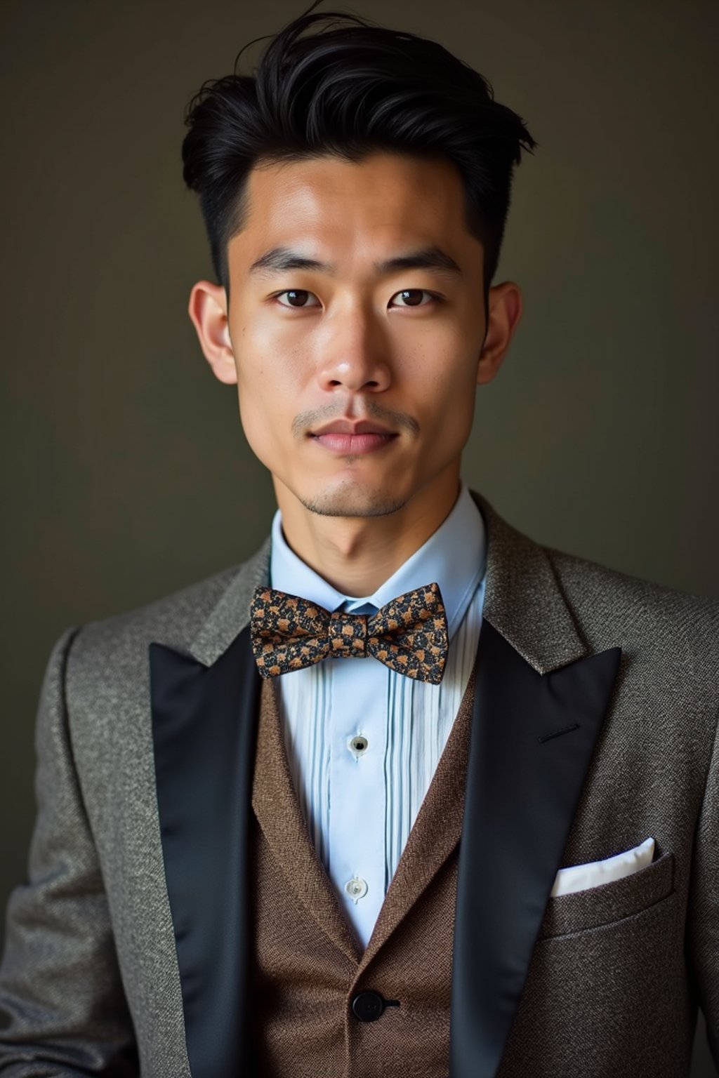 handsome and stylish man wearing a trendy tweed suit with a patterned bow tie and a contrasting vest