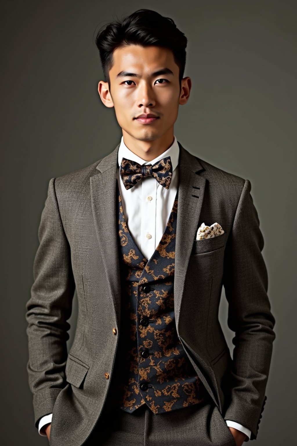 handsome and stylish man wearing a trendy tweed suit with a patterned bow tie and a contrasting vest