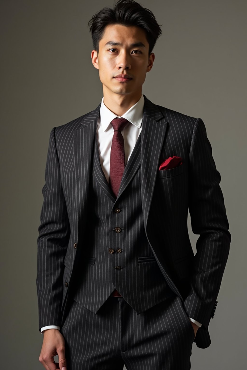 handsome and stylish man trying on a sophisticated pinstripe suit with a waistcoat and a burgundy tie