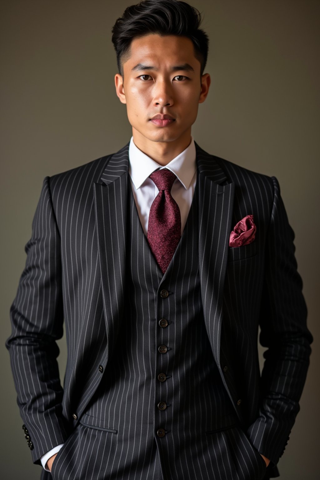 handsome and stylish man trying on a sophisticated pinstripe suit with a waistcoat and a burgundy tie