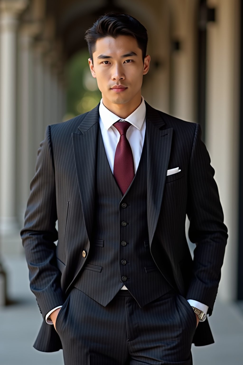 handsome and stylish man trying on a sophisticated pinstripe suit with a waistcoat and a burgundy tie