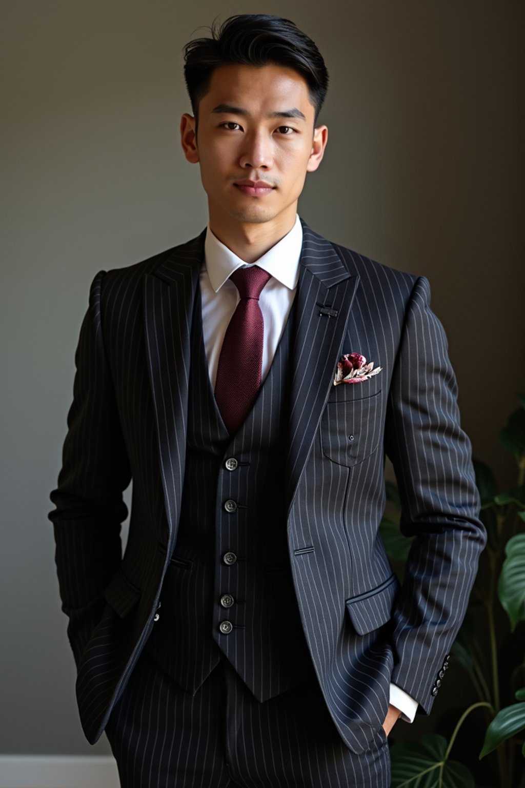 handsome and stylish man trying on a sophisticated pinstripe suit with a waistcoat and a burgundy tie