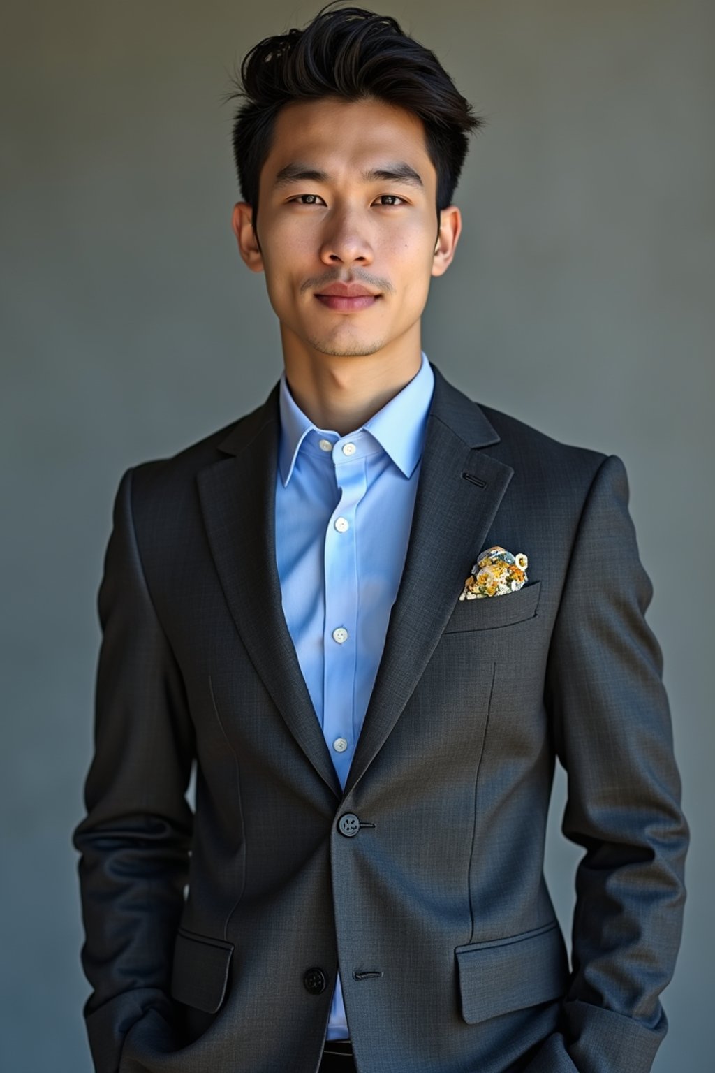 handsome and stylish man showcasing a modern slim-fit charcoal with a light blue dress shirt and a contrasting pocket square