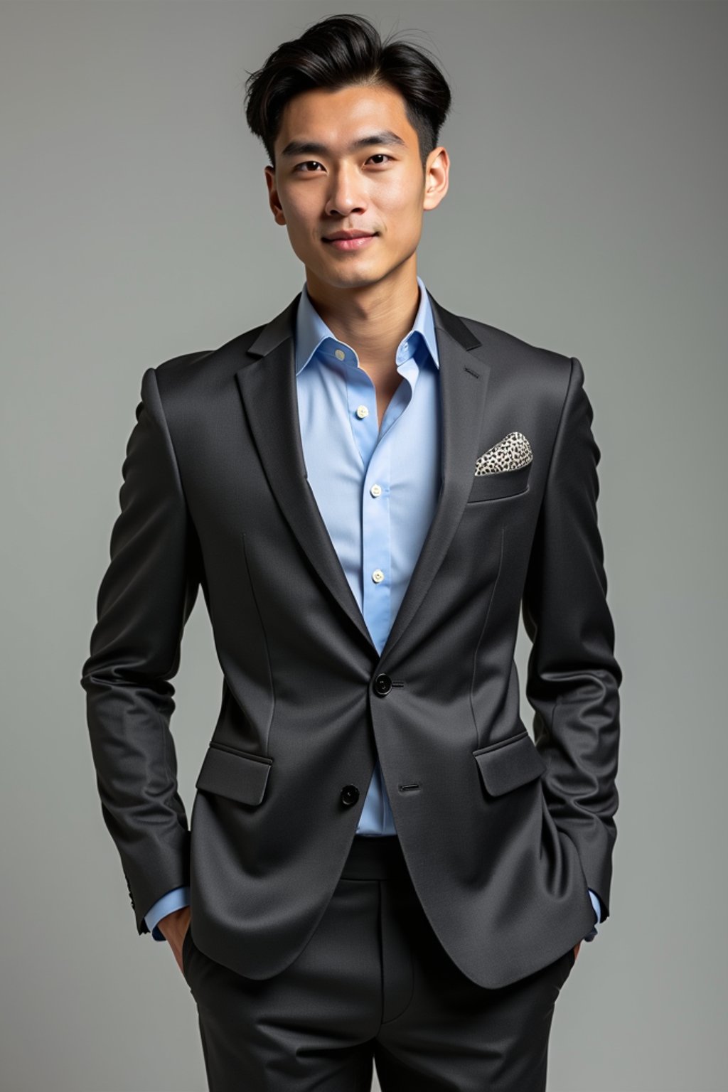 handsome and stylish man showcasing a modern slim-fit charcoal with a light blue dress shirt and a contrasting pocket square