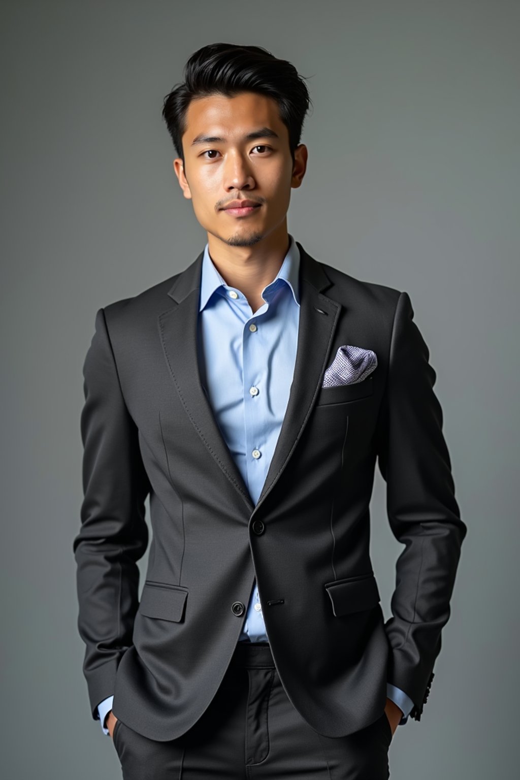 handsome and stylish man showcasing a modern slim-fit charcoal with a light blue dress shirt and a contrasting pocket square