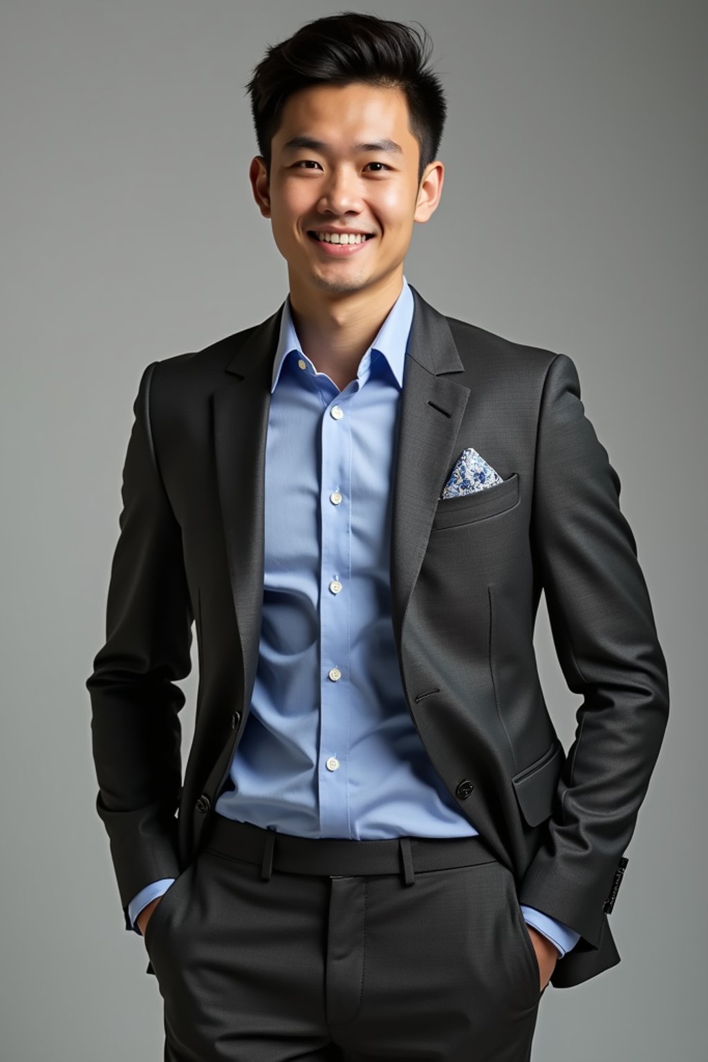 handsome and stylish man showcasing a modern slim-fit charcoal with a light blue dress shirt and a contrasting pocket square