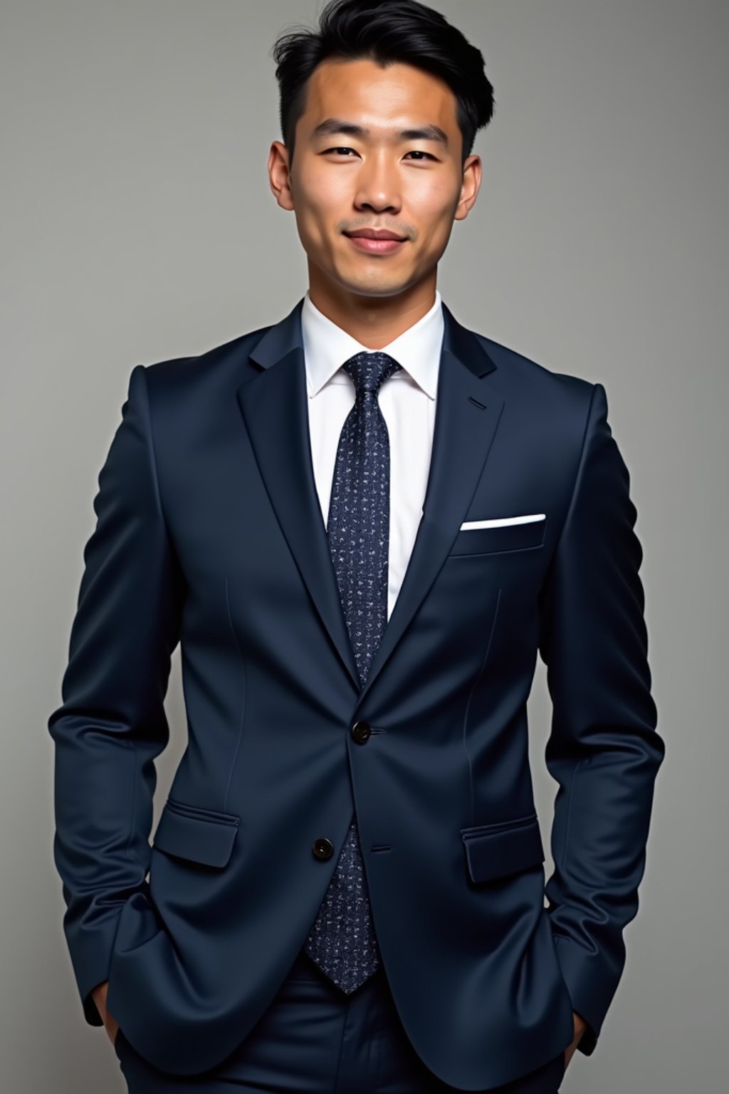 handsome and stylish man wearing a classic navy blue suit with a crisp white dress shirt and a patterned tie