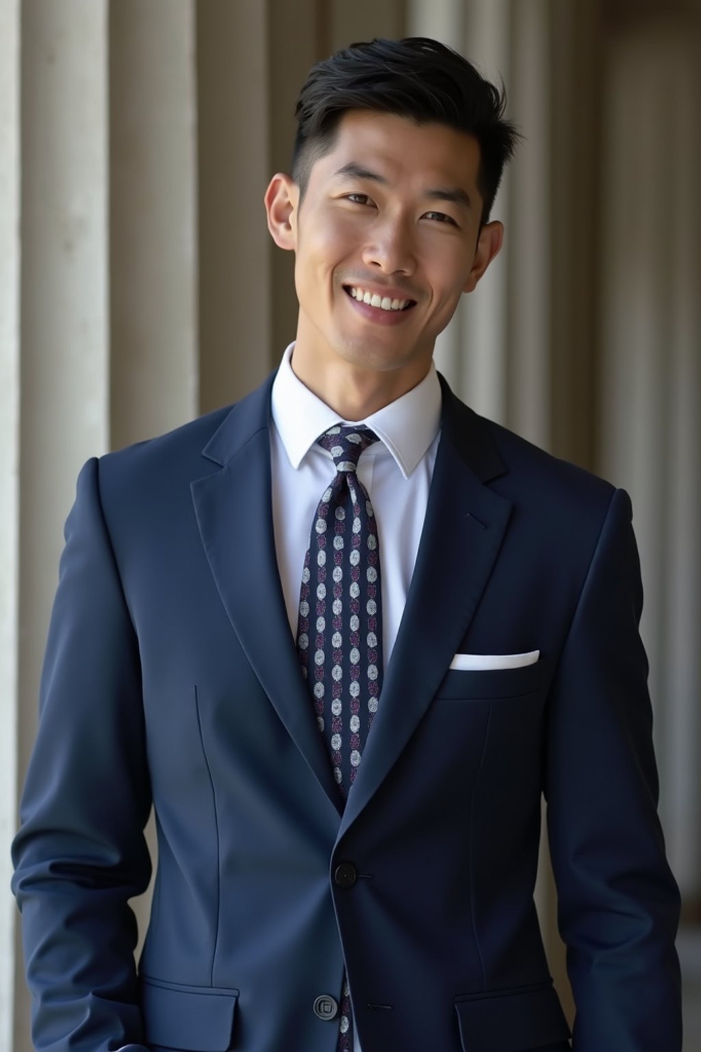 handsome and stylish man wearing a classic navy blue suit with a crisp white dress shirt and a patterned tie