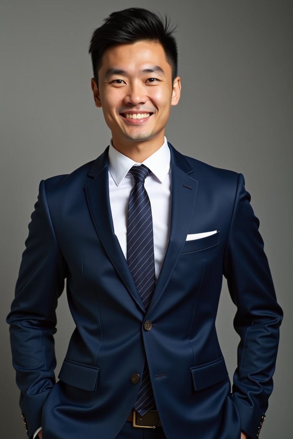 handsome and stylish man wearing a classic navy blue suit with a crisp white dress shirt and a patterned tie