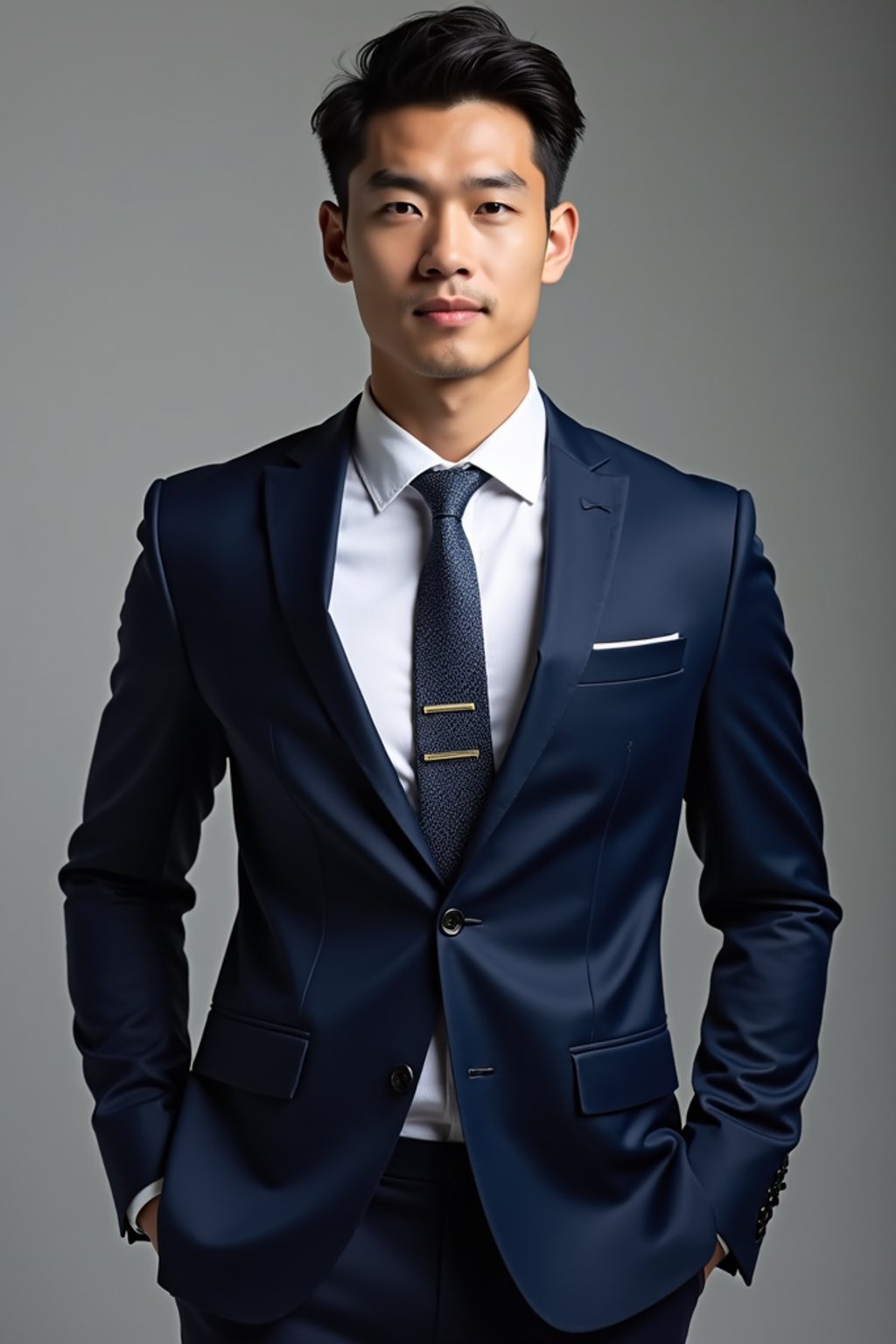 handsome and stylish man wearing a classic navy blue suit with a crisp white dress shirt and a patterned tie