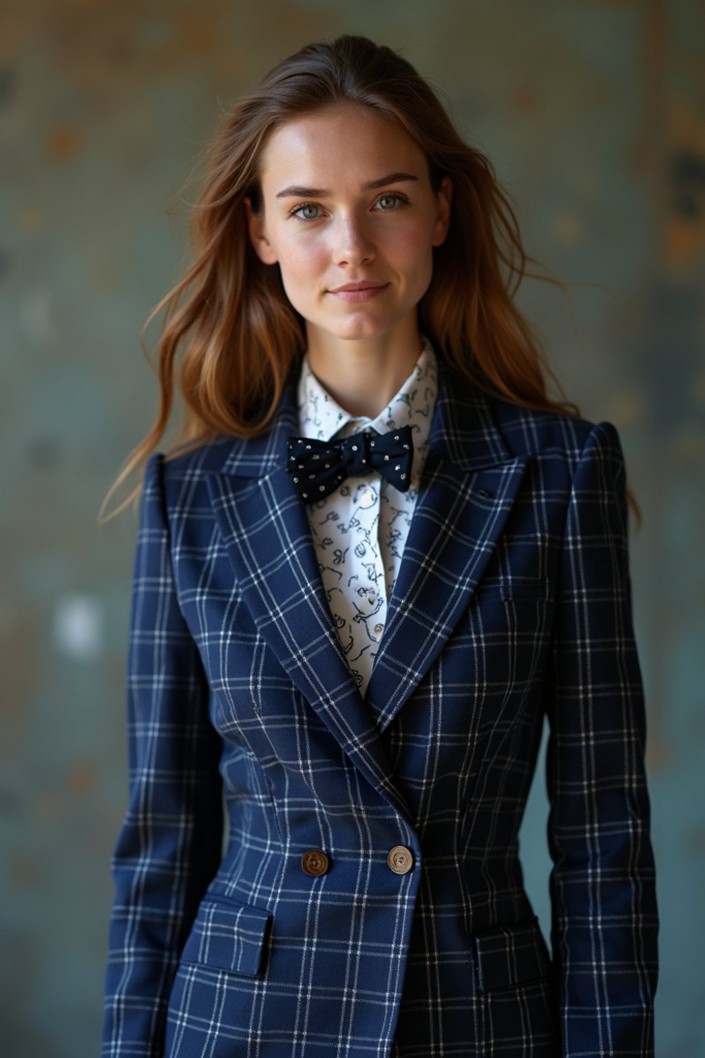 woman showcasing a unique windowpane check suit in a navy blue color with a patterned shirt and a contrasting bow tie