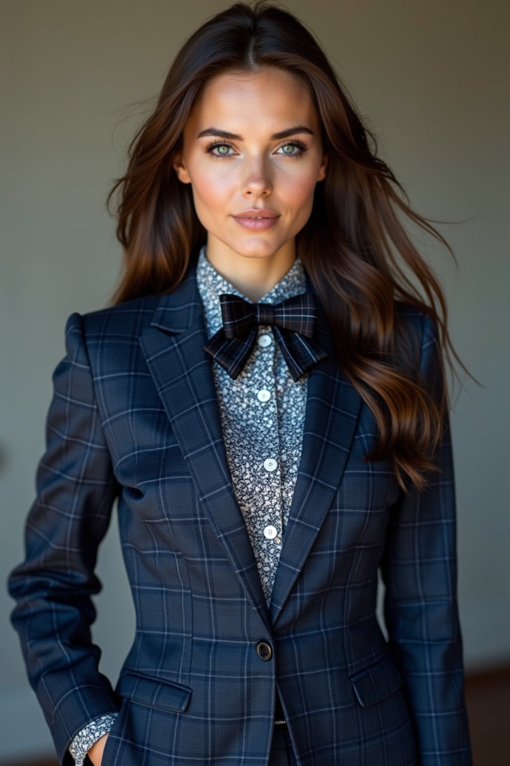 woman showcasing a unique windowpane check suit in a navy blue color with a patterned shirt and a contrasting bow tie