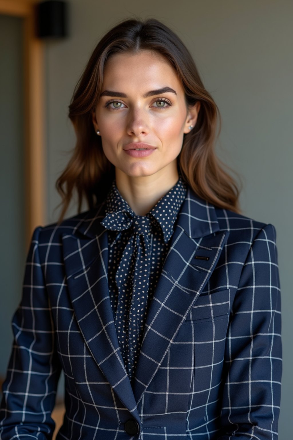 woman showcasing a unique windowpane check suit in a navy blue color with a patterned shirt and a contrasting bow tie