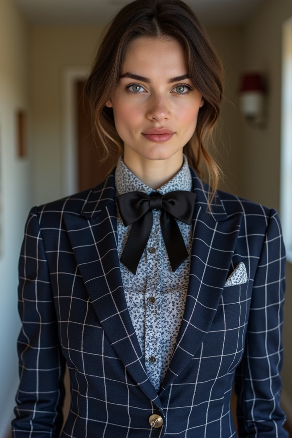 woman showcasing a unique windowpane check suit in a navy blue color with a patterned shirt and a contrasting bow tie