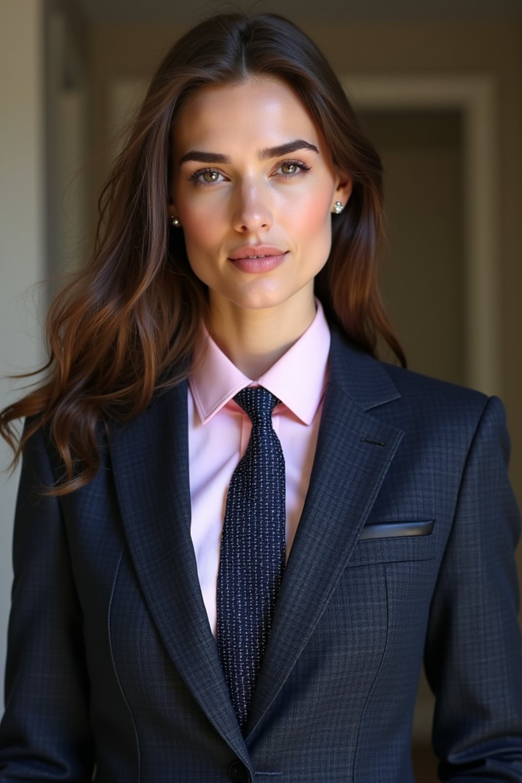 woman wearing a classic navy herringbone suit with a light pink dress shirt and a polka dot tie