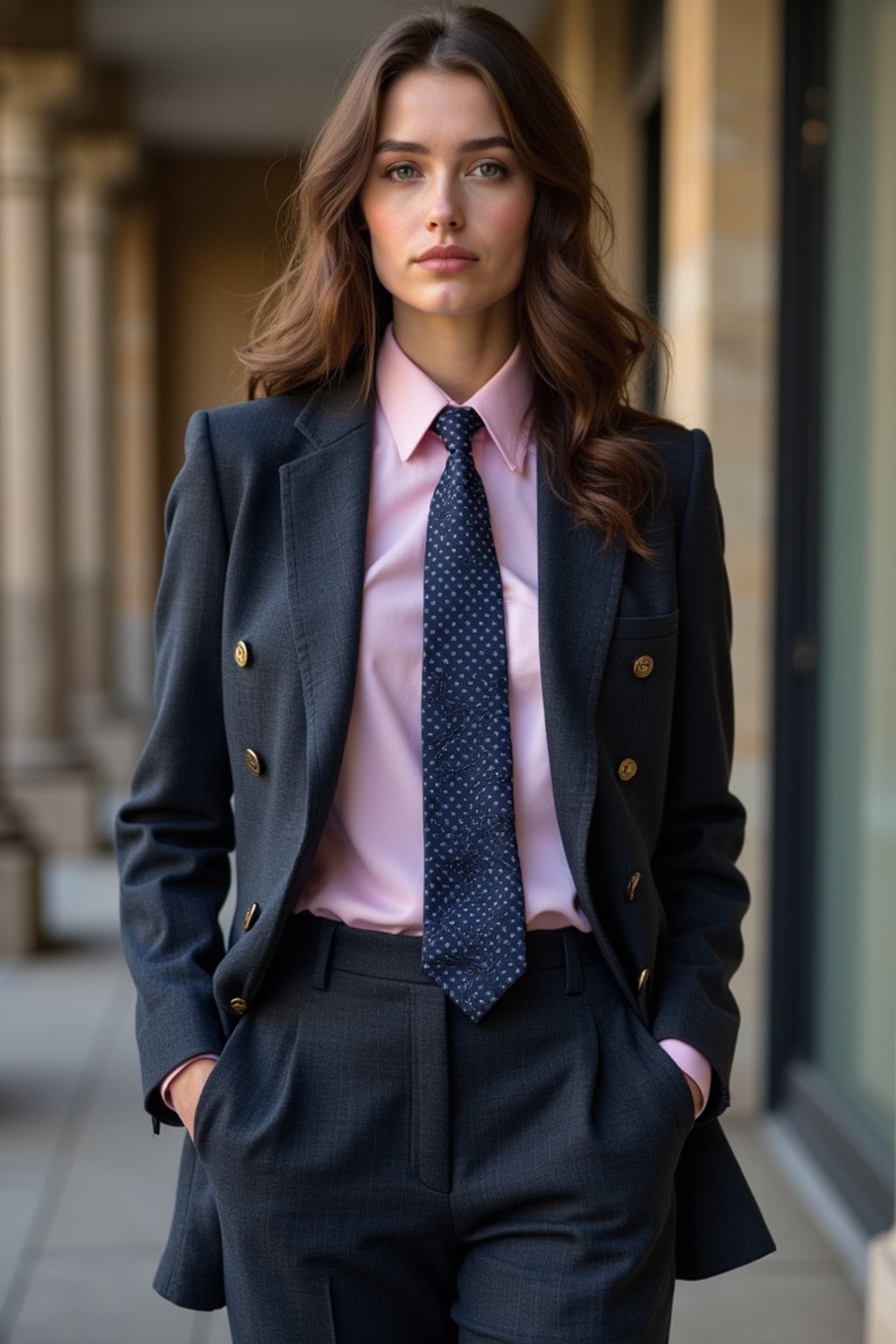 woman wearing a classic navy herringbone suit with a light pink dress shirt and a polka dot tie