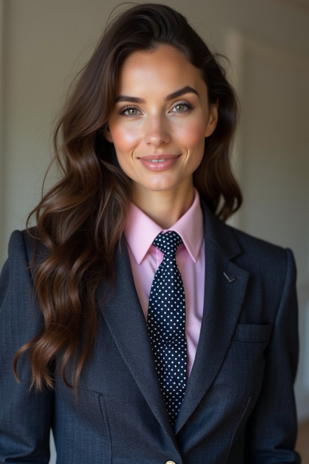 woman wearing a classic navy herringbone suit with a light pink dress shirt and a polka dot tie