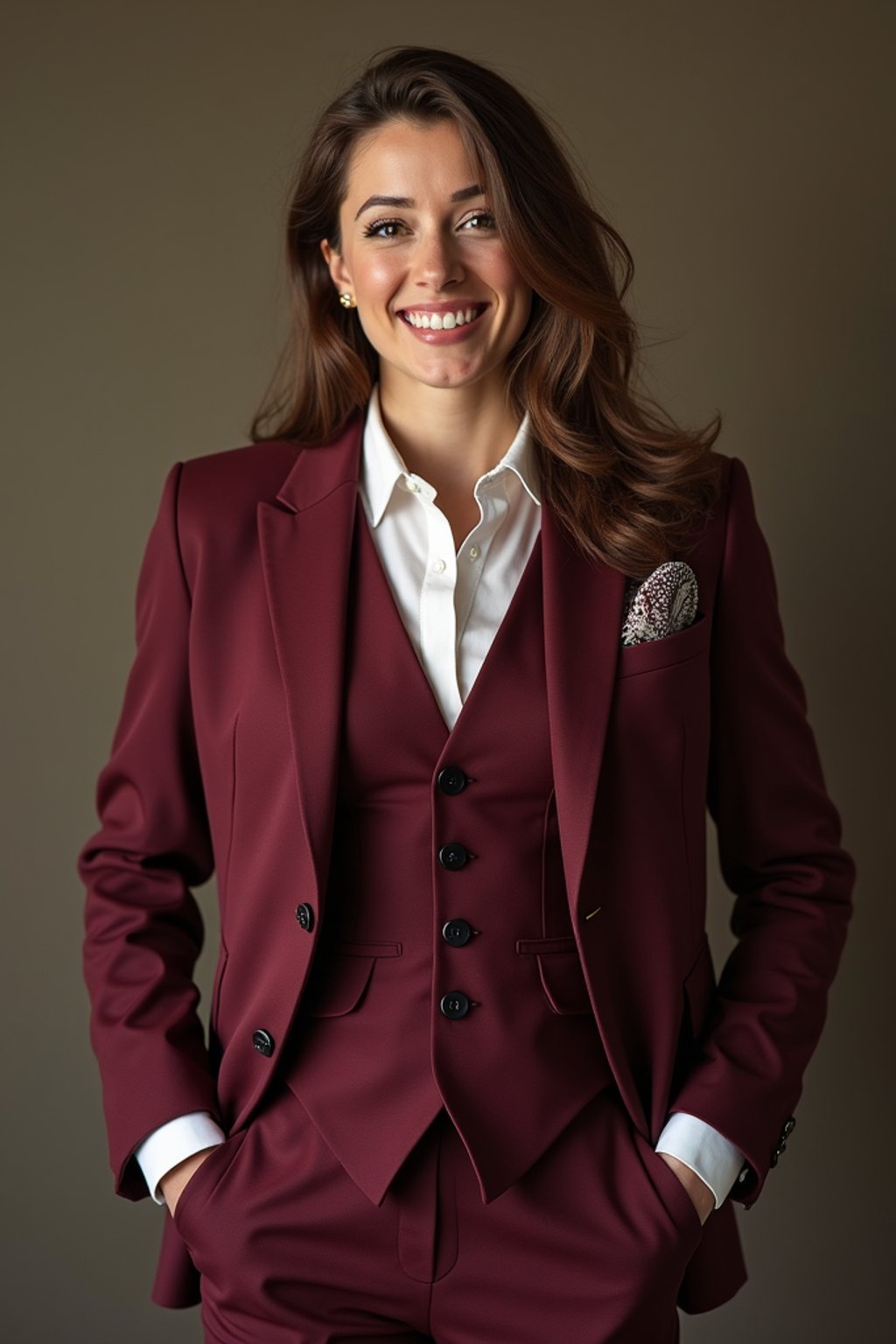 woman trying on a stylish three-piece suit in a rich burgundy color with a crisp white shirt and a paisley patterned pocket square