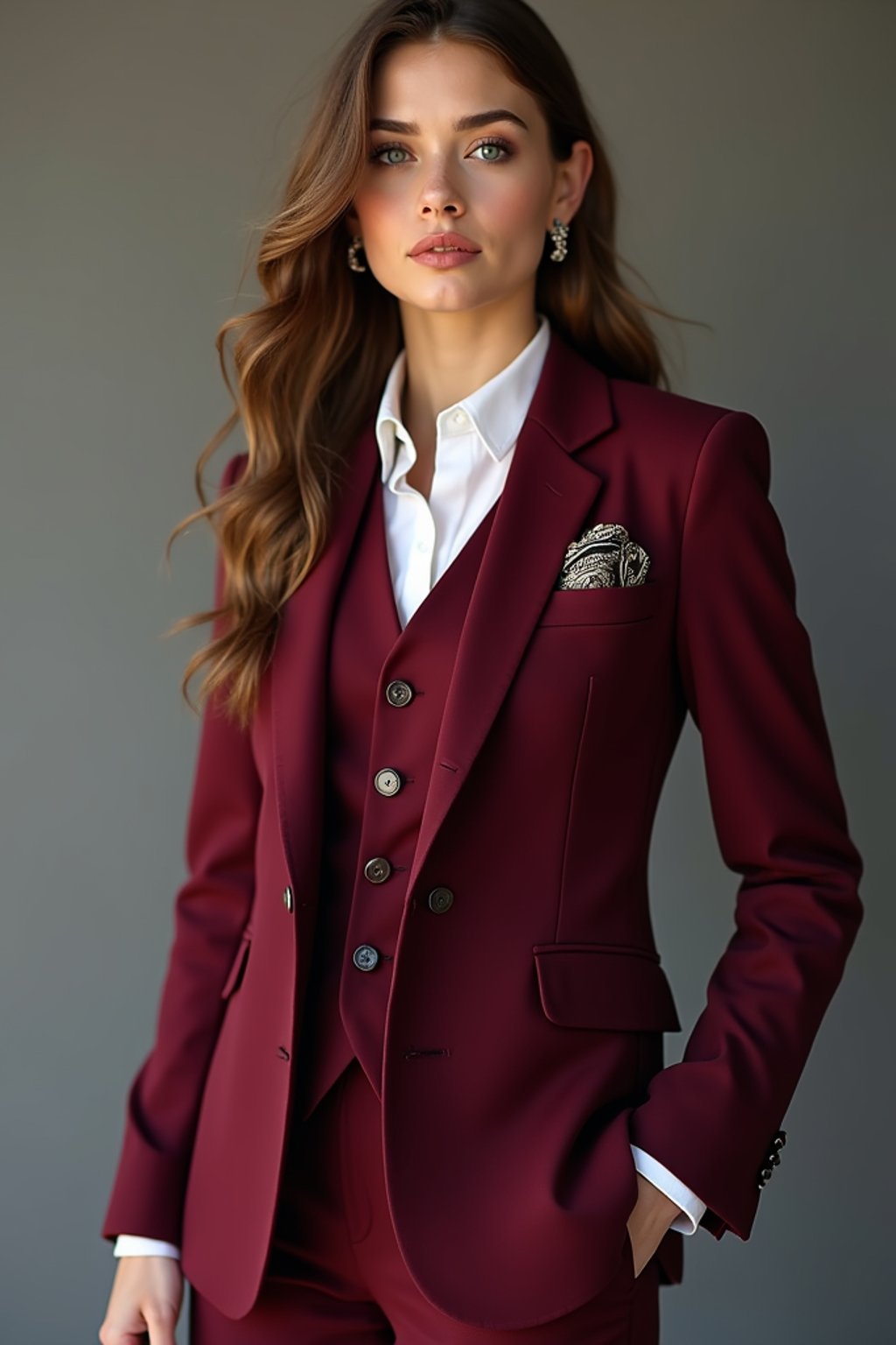 woman trying on a stylish three-piece suit in a rich burgundy color with a crisp white shirt and a paisley patterned pocket square