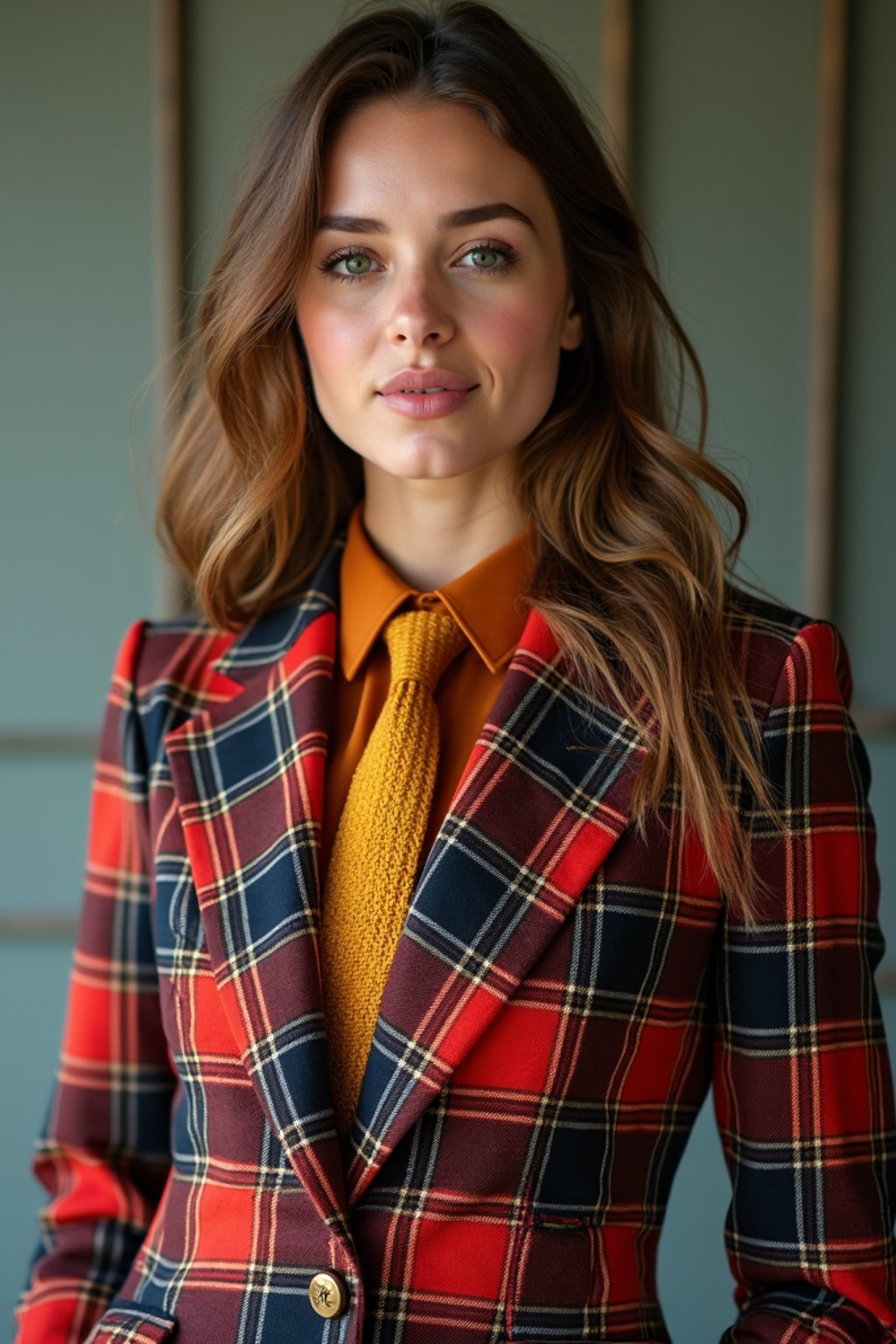 woman showcasing a dappersuit in a bold plaid pattern with a solid-colored shirt and a knitted tie