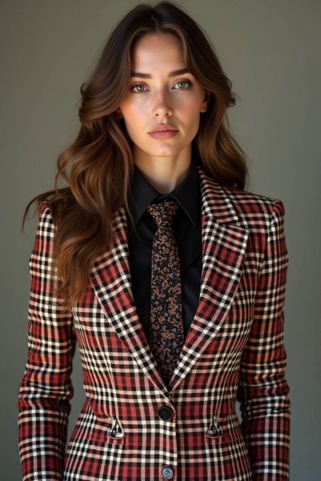 woman showcasing a dappersuit in a bold plaid pattern with a solid-colored shirt and a knitted tie