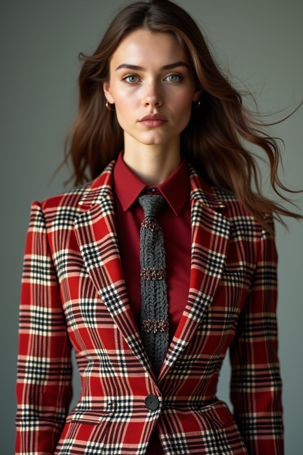 woman showcasing a dappersuit in a bold plaid pattern with a solid-colored shirt and a knitted tie