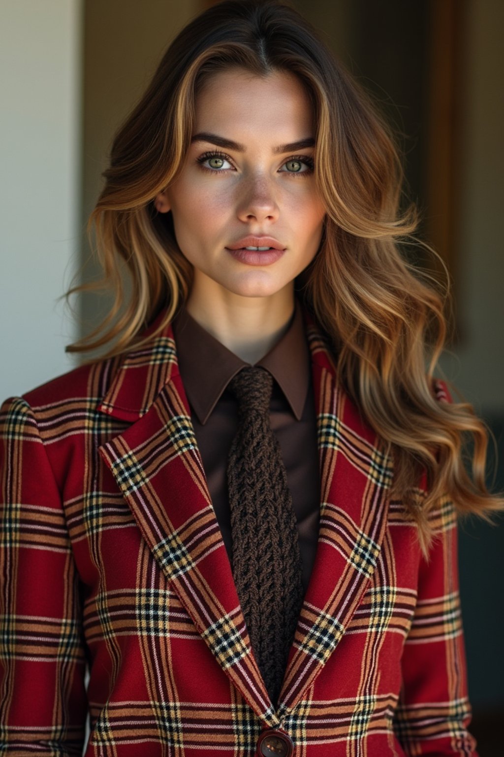 woman showcasing a dappersuit in a bold plaid pattern with a solid-colored shirt and a knitted tie