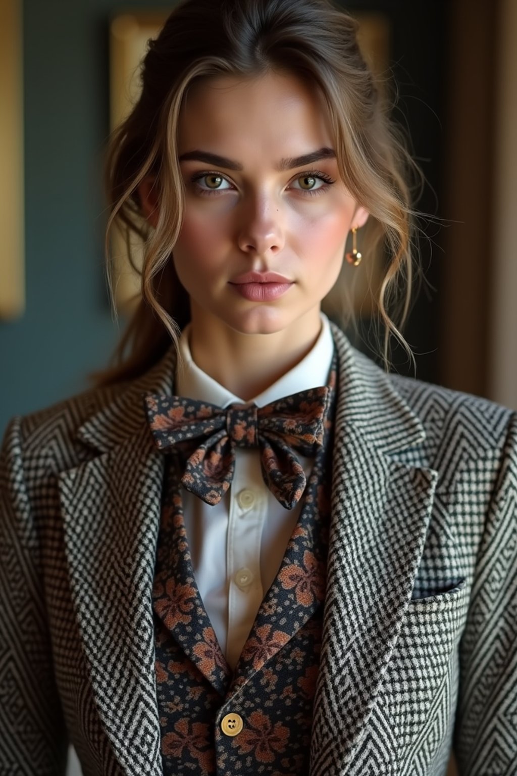 woman wearing a trendy tweed suit with a patterned bow tie and a contrasting vest